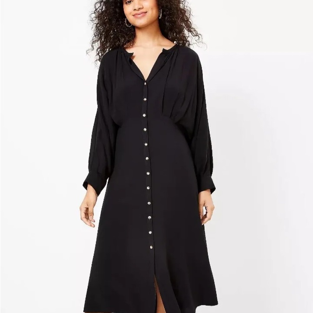 LOFT Burnt Orange Long-Sleeve Button-Front Midi Dress